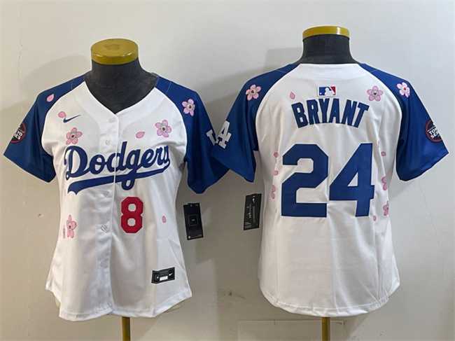 Womens Los Angeles Dodgers Front #8 Back #24 Kobe Bryant White Royal 2025 Tokyo Series Limited Stitched Jersey